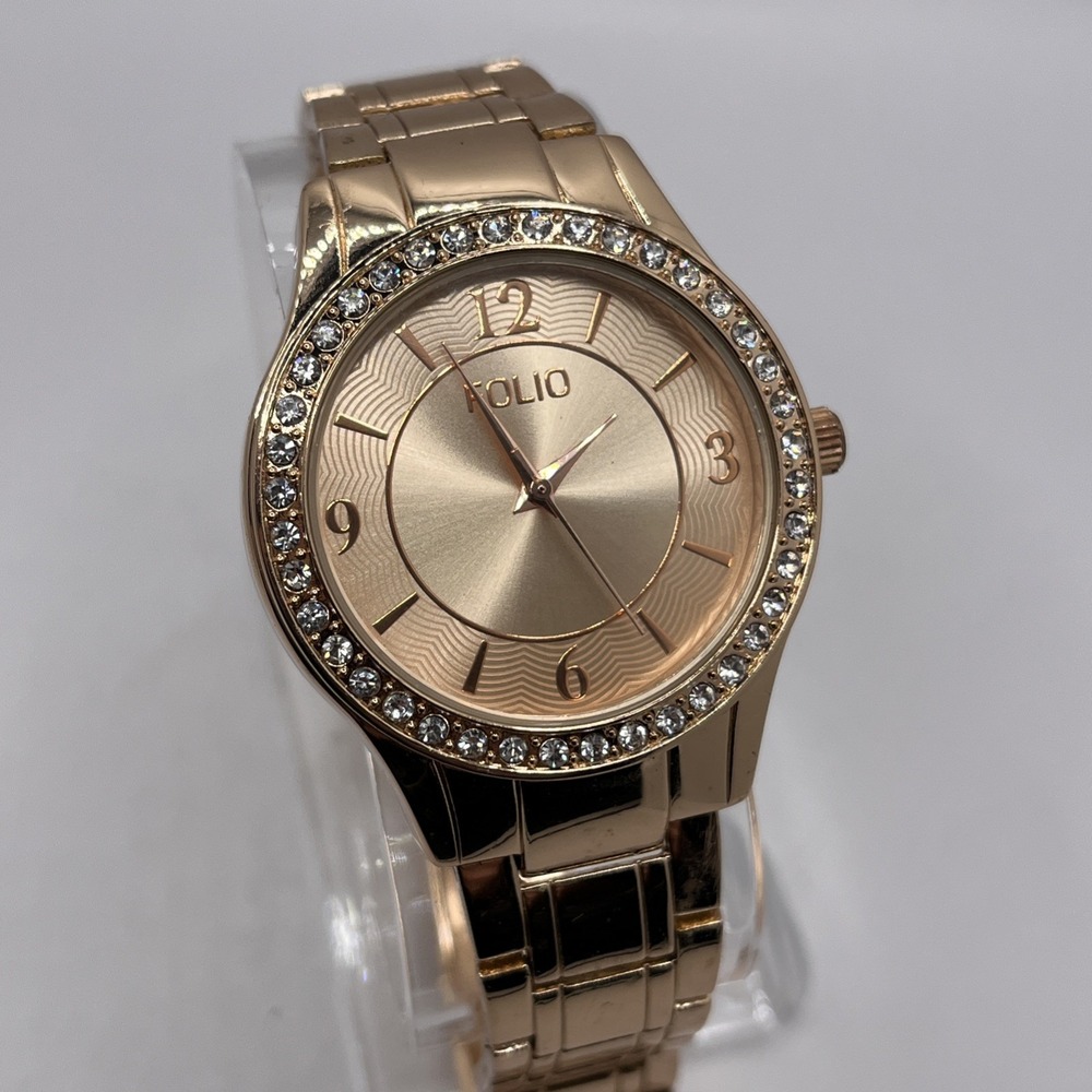 Folio Women's Quartz Watch Rose Gold Rhinestone Bezel 7.5" Band- New Battery